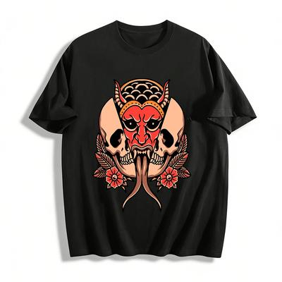 Japanischer Hannya Schädel Print Streetwear Lässiges Oberteil Reines Baumwoll-T-Shirt