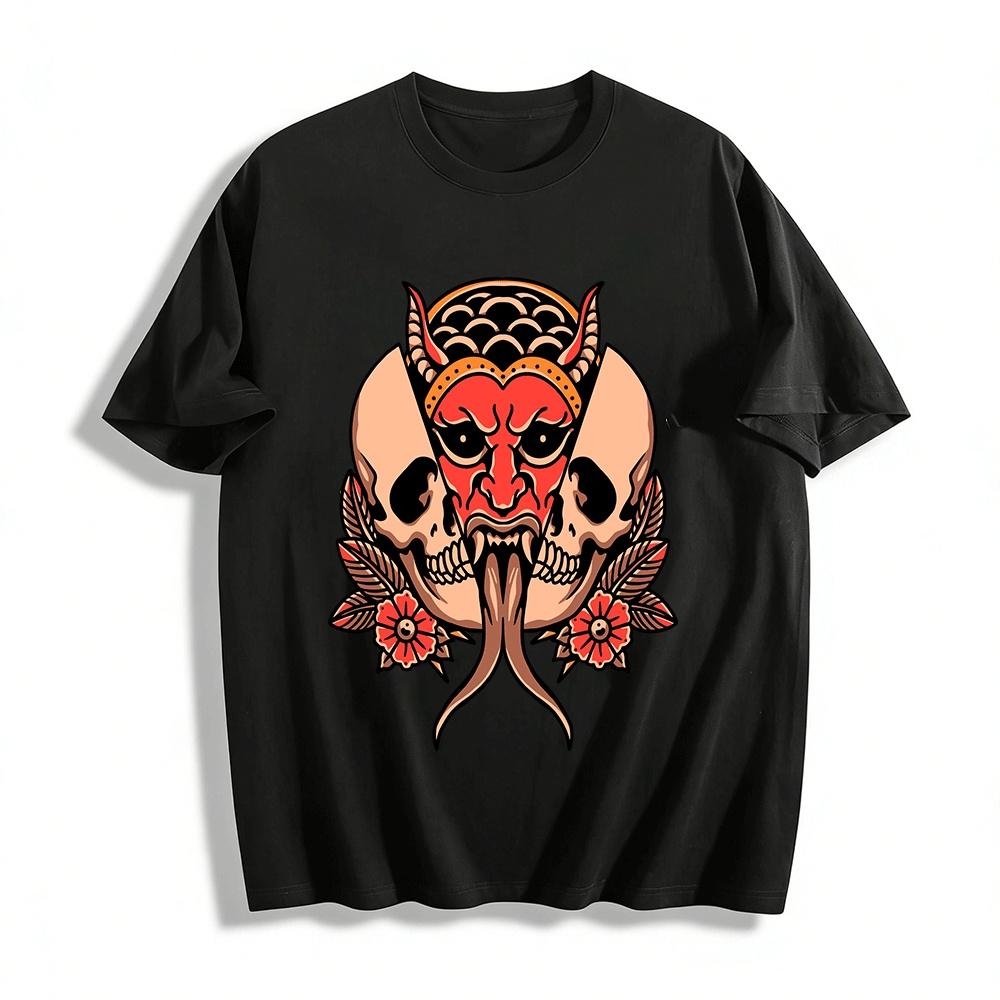 Japanese Hannya Skull Print Streetwear Casual Top Pure cotton T-shirt XXS