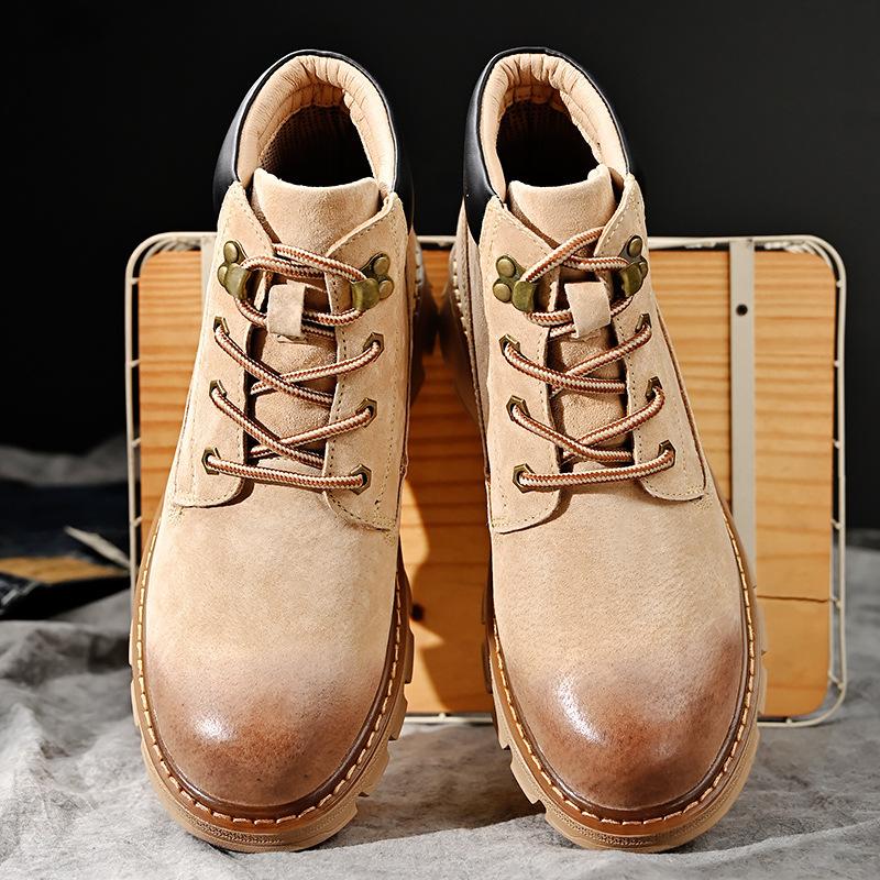 Autumn and winter new men's rhubarb leather boots first layer pigskin short boots men's casual explosion velvet thermal tooling boots
