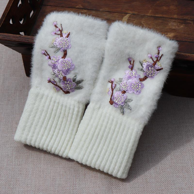 Embroidered Ethnic Style Half-Finger Warm Gloves for Autumn & Winter