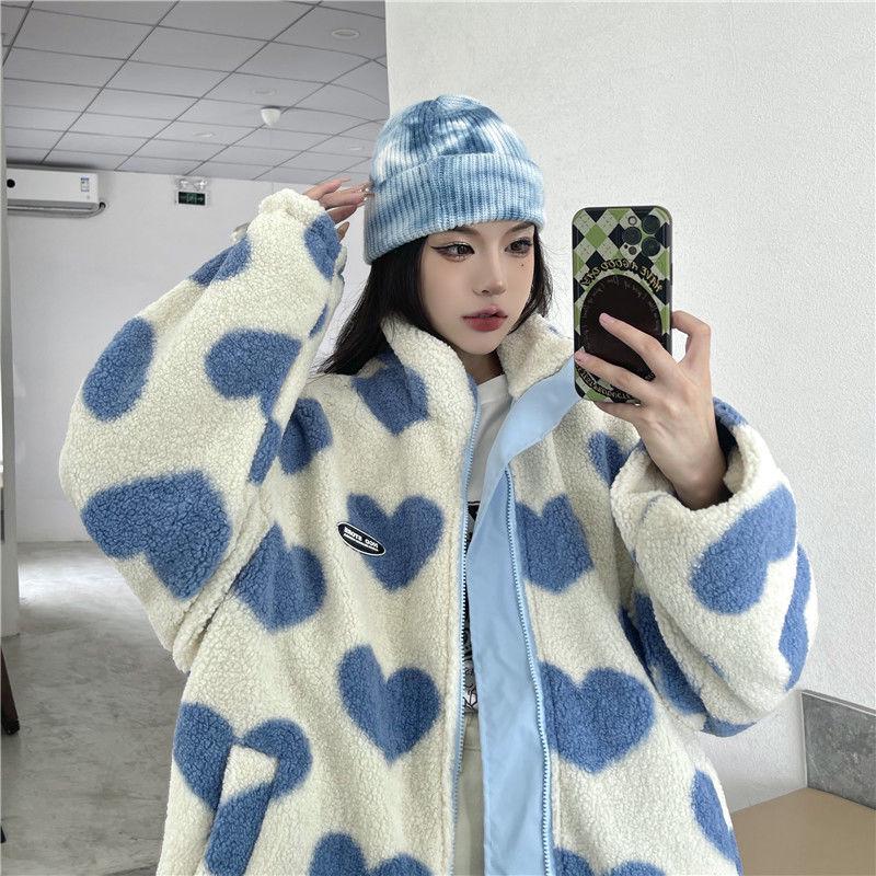 

Унисекс Love Lamb плюшевая куртка: Европейский и американский стиль High Street, осенне-зимнее двухстороннее пальто с воротником-стойкой XXL синий