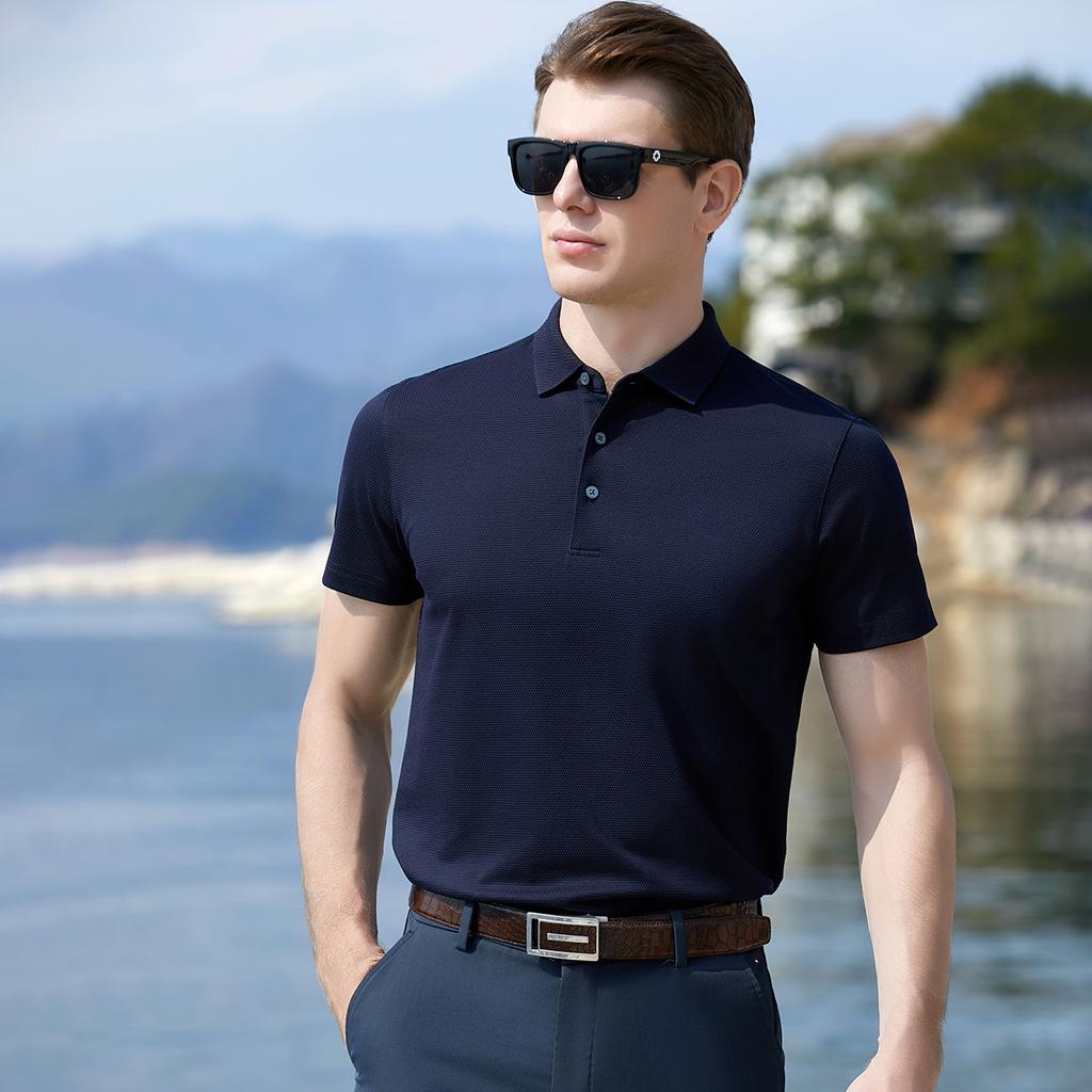 [Including Mulberry Silk&Bead Ground] Smooth Flat Machine Collar Jacquard Short Sleeve Polo Shirt Men's Summer Casual T-shirt Top