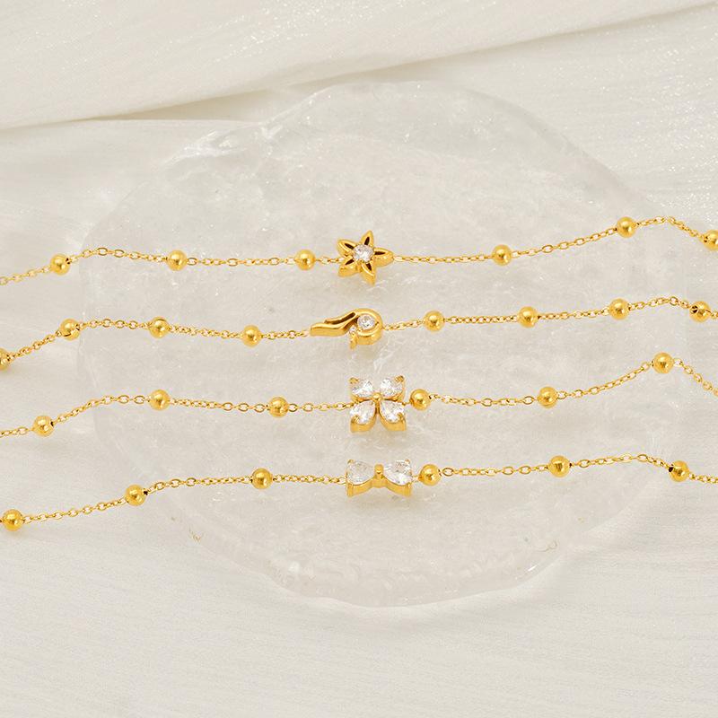Trendy Versatile Stainless Steel Gold Plated Chain Link Bowknot Flower Charms Zircon Bracelet for Women Non Tarnish Jewelry