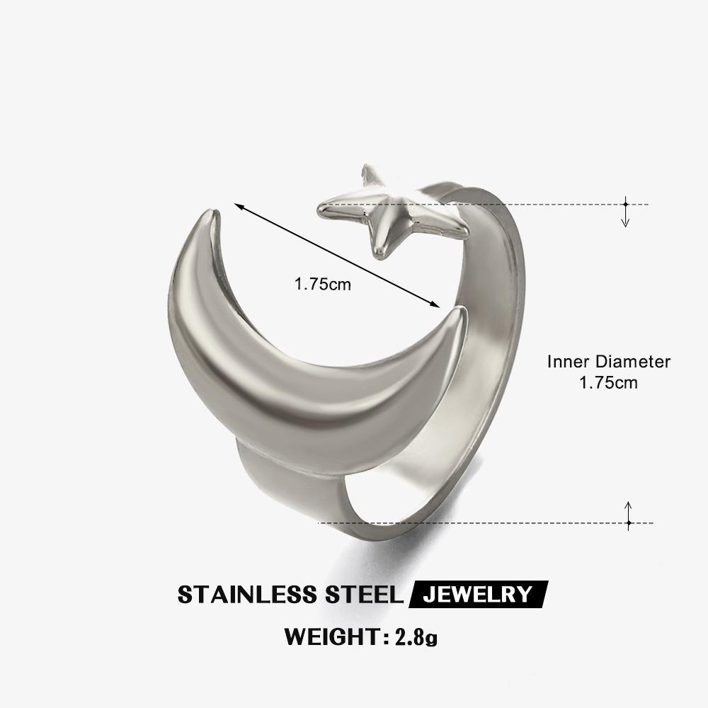 Ethnic Style Star Moon Pattern Ring Unisex Simple And Fashionable Zircon Vintage Stainless Steel Opening Couple Rings resizable
