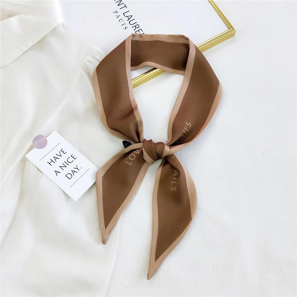 Fashion Women Hair Scarf French Elegant Narrow Long Scarf Satin Silk Bow Tie Letter Print Bag Ribbon Headband Scarves