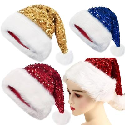 Red Glitter Christmas Santa Claus Hat Glittery Sparkly Soft Velvet Sequin Santa Hat Extra Thicken Holiday Headwear