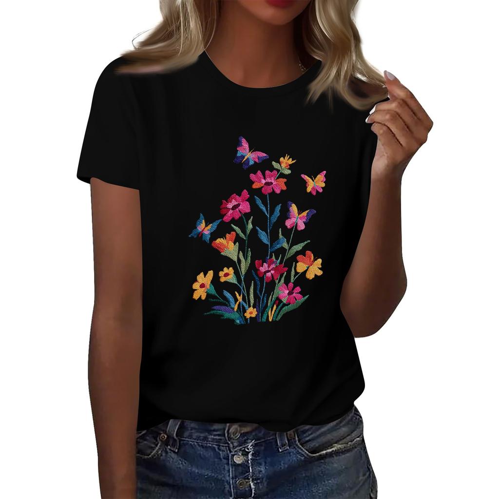 Women's Fashion Casual Printed Round Neck Short Sleeved T-Shirt Top T-Shirt Top Top