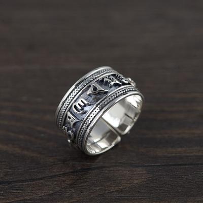 S925 Sterling Silver National Style Six -Character Mantra Open Ring Man Male Solid Silver Retro Vajra Ring Jewerly