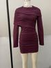 2026 Spring European Fashion: Solid Color Ruched Slim Fit Long Sleeve Round Neck Dress for Women.