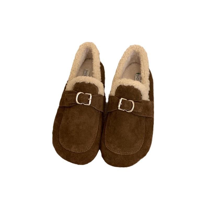 2025 Autumn and Winter New Matte Leather Round Head One Pedal Doudou Shoes Warm Fluffy Shoes Single Shoes Casual Shoes Women