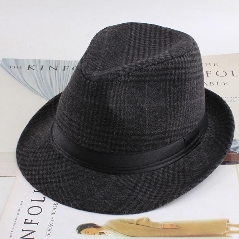 Autumn and winter men's top hat, Frannie plaid fabric warm middle-aged and elderly jazz hat casual top hat men's hat