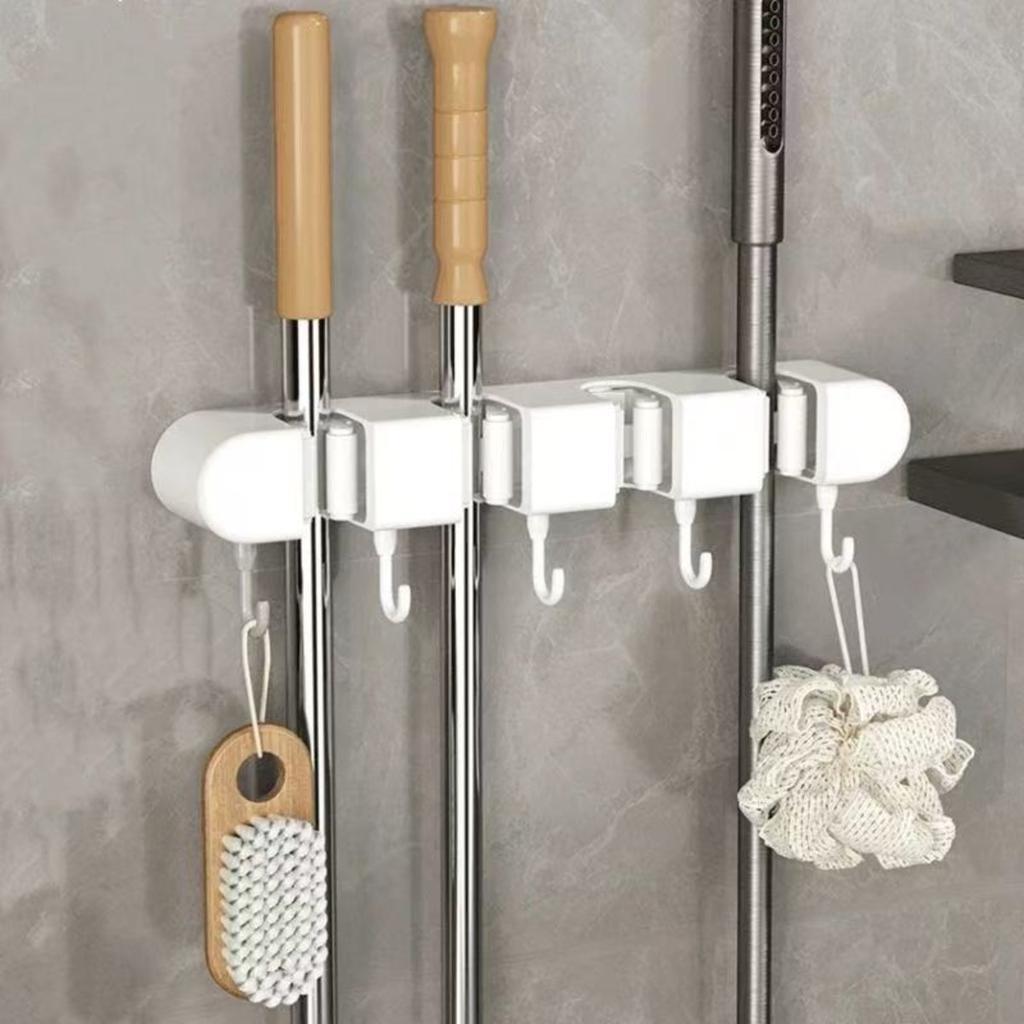 Wall Mounted Mop and Broom Rack | Bathroom Non Drilling Adhesive Storage Box | Heavy Plastic with Flexible Silicone Clip | Home Cleaning Tools