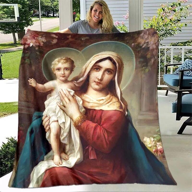 Jesus Jungfrau Maria Prayer Blanket- Lightweight Flannel Throw for Sofa ,Digital Printed Blanket with Soft & Worm Flannel Fabric