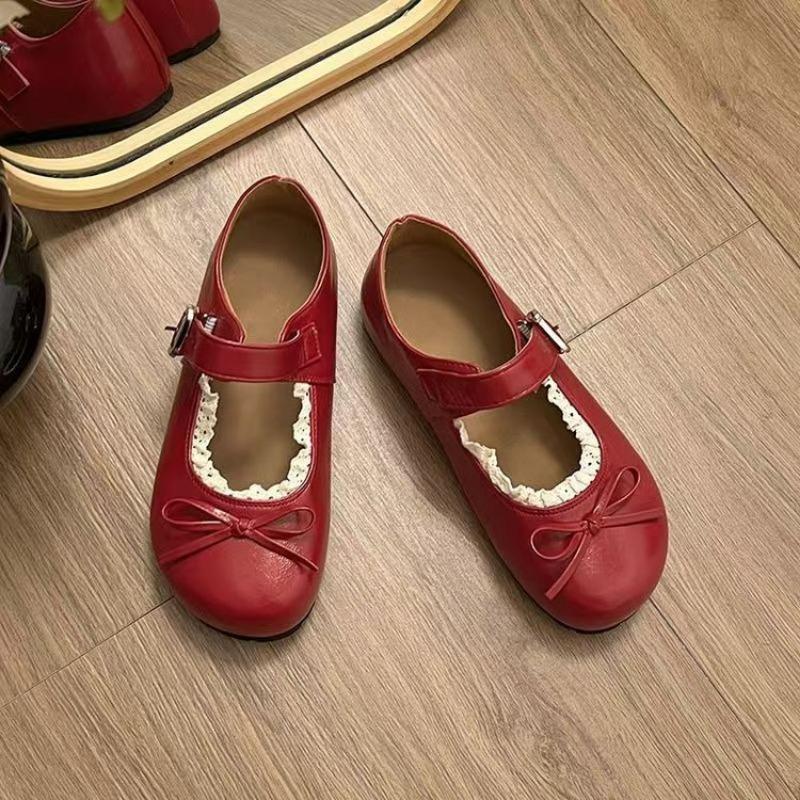 Ballett Mary Jane Schuhe mit runder Spitze Herbst neu Schleifenschnalle kleine Lederschuhe Student