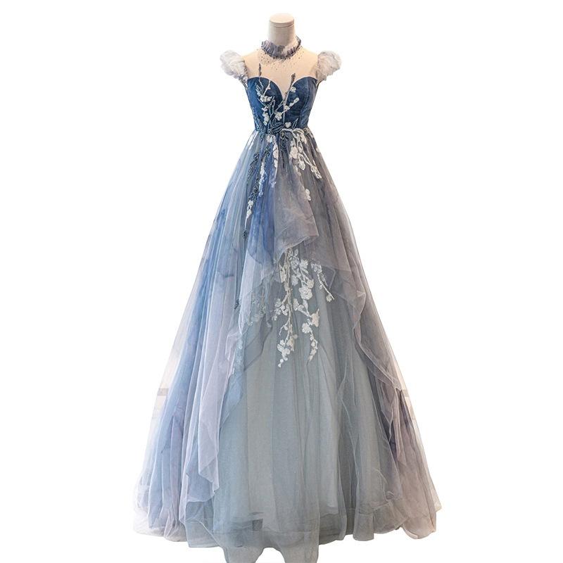 Blue Dress 1011 Summer New Feifei Sleeves Celebrity Party Long Dress Bar Mitzvah Art Examination Banquet Evening Dress Dress