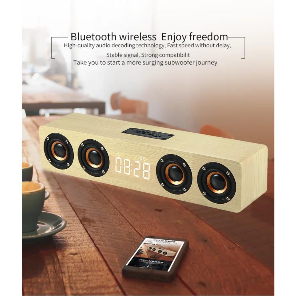 Wooden Soundbar Bluetooth Speaker Music Acoustic System 40W HIFI Stereo Music Surround LED Display Outdoor Speaker With FM Radio