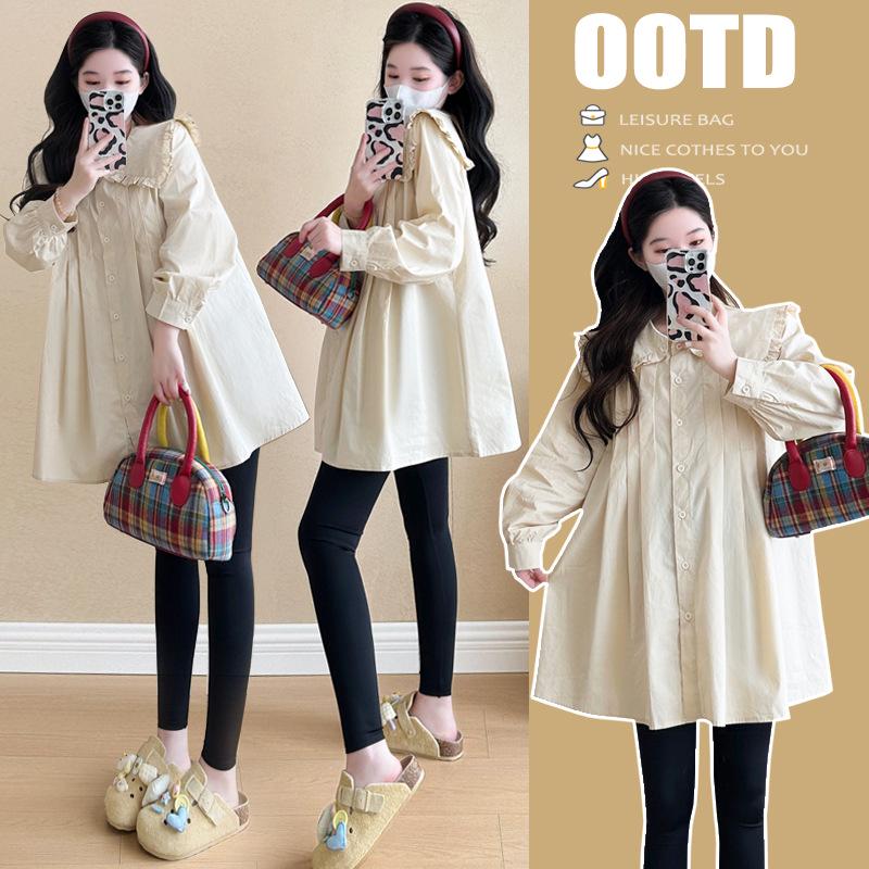 2026 Spring Korean Fashion Mid-Length Long Sleeve Maternity Shirt 2XL