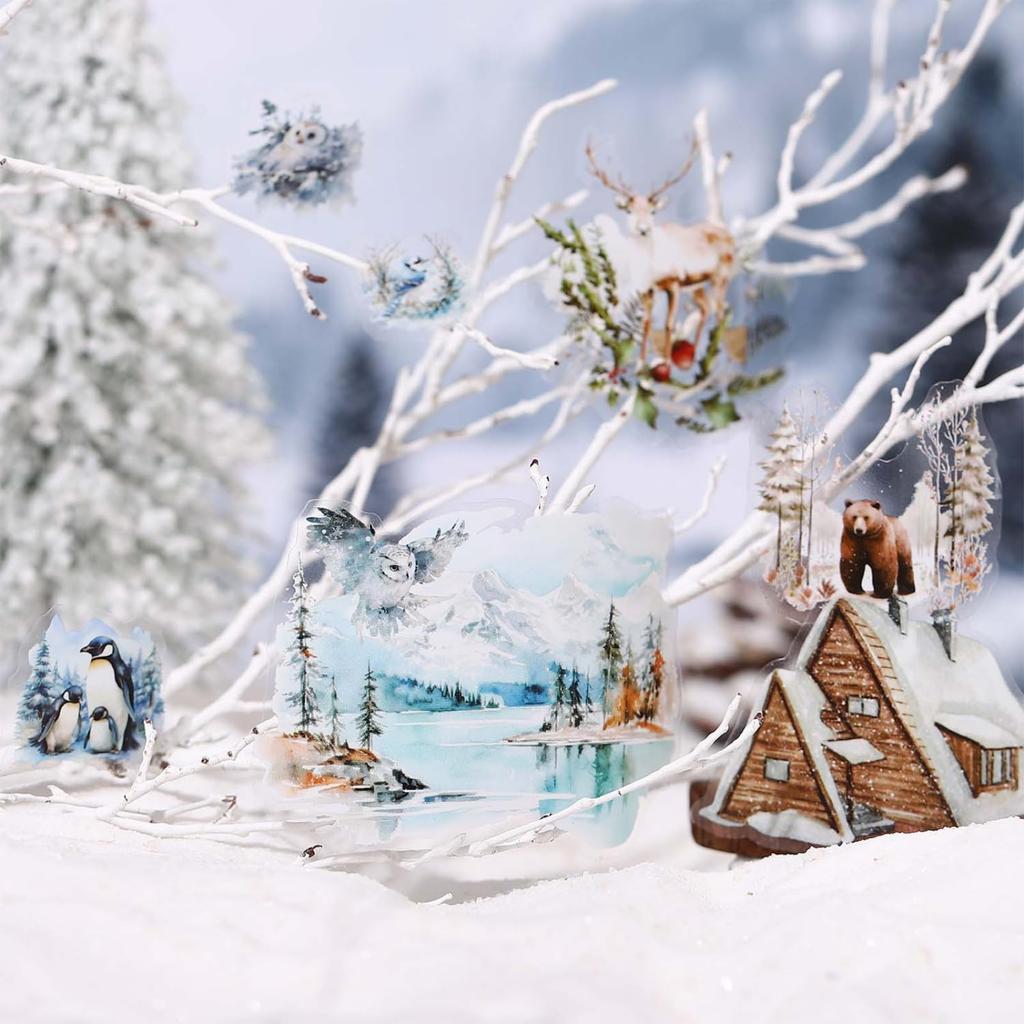 Kigofora Snölandsskog Collage Genomskinlig PET Djurskog Snölandskap Serie Flake Mokkiri Vinterskog Rulle DIY Dekorativa Klistermärken för Gåva