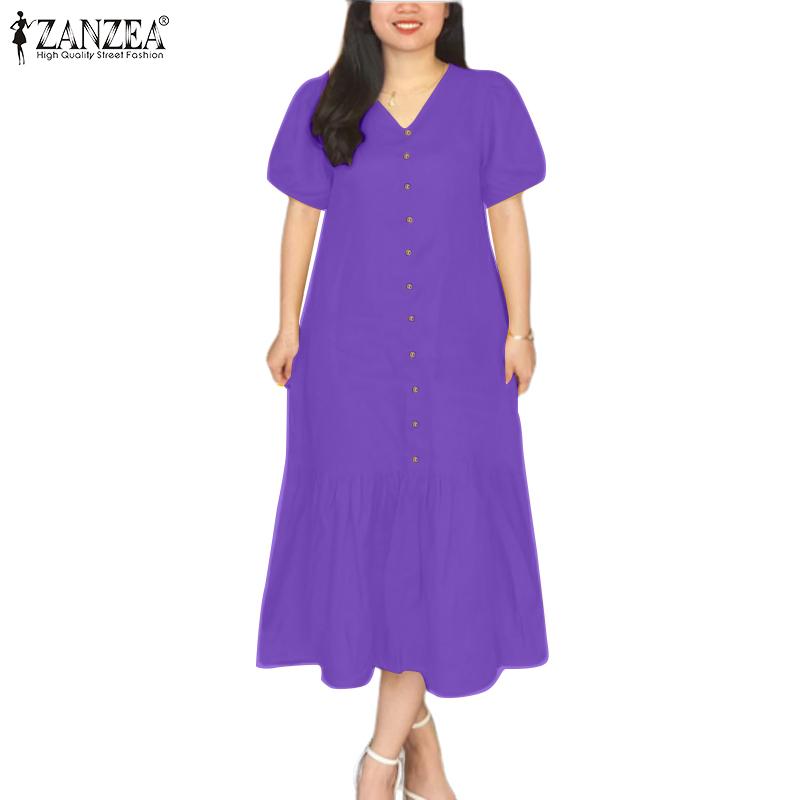 ZANZEA Women Summer V-Neck Solid Color Loose Short Sleeve Dress