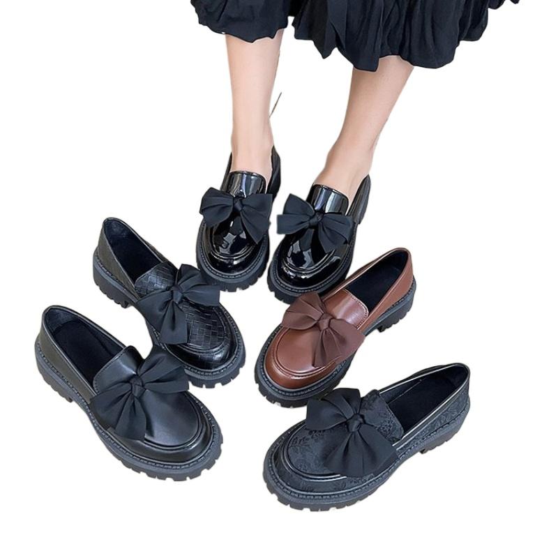 Mocassins à nœud pour femmes à semelles épaisses et talons moyens, style britannique décontracté, petites chaussures en cuir pour femmes, cinq couleurs pour femmes, escarpins