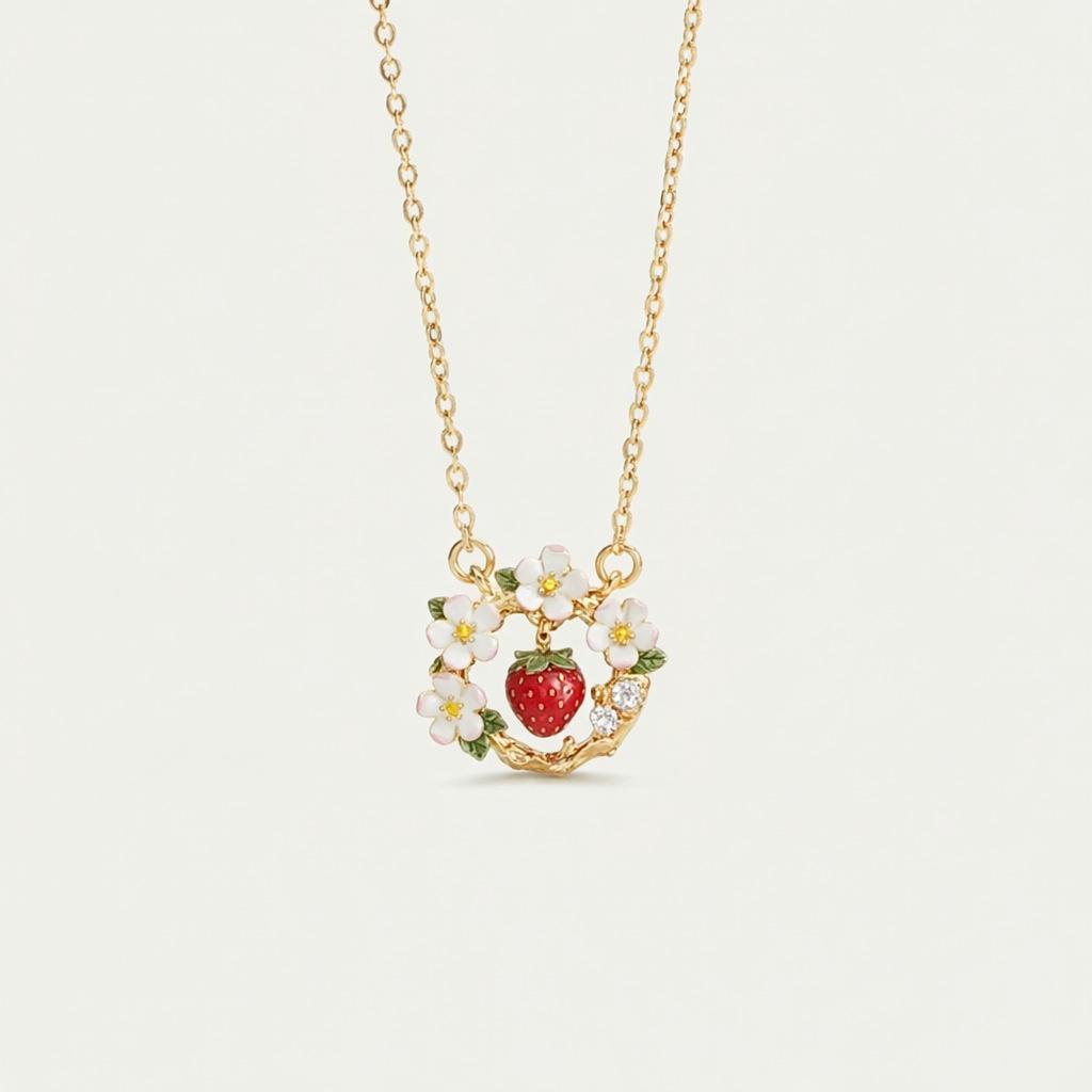 Retro Color Small Daisy Flower Fruit Series Strawberry Cat Paw Pendant Necklace Color Dripping Oil