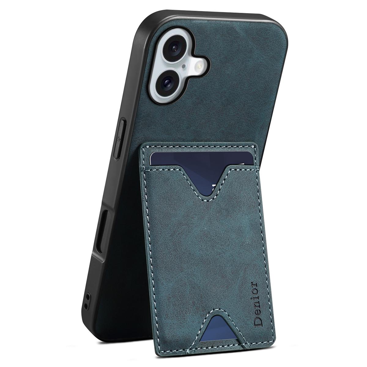

DENIOR For iPhone 16 Case Leather+TPU Card Slot Kickstand Phone Cover Blue
