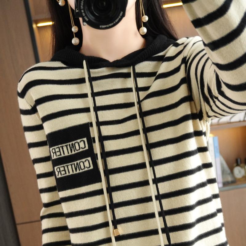 Hooded Striped Knitted Sweater Women's Autumn and Winter New Loose Casual Color Matching Sweater Wearing Striped Sweater