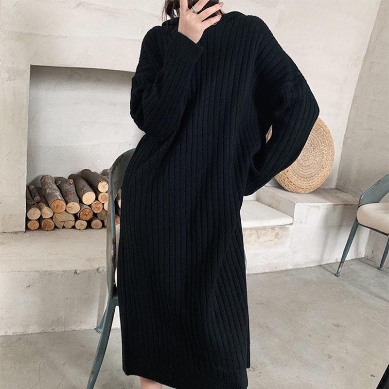 Hooded solid color pit strip straight V-neck sweater skirt autumn and winter casual style knitted dress women