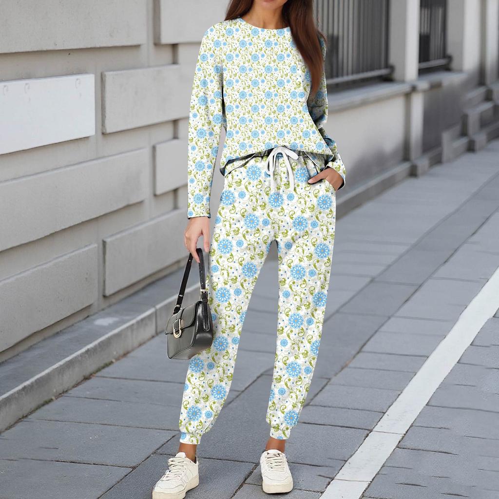 Sets für Damen 2-teilig Rundhals Langarmshirts Bedruckte Jogginghosen Taschensets