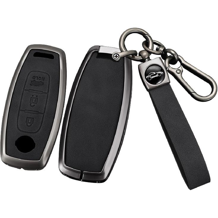 

SANRILY Metal Leather 5 Button Key Fob Cover Fit for Nissan Rogue 2024 2023 Pathfinder Versa Kicks Sentra Ariya Keyless Key Holder with Keychain Black-3 Button B