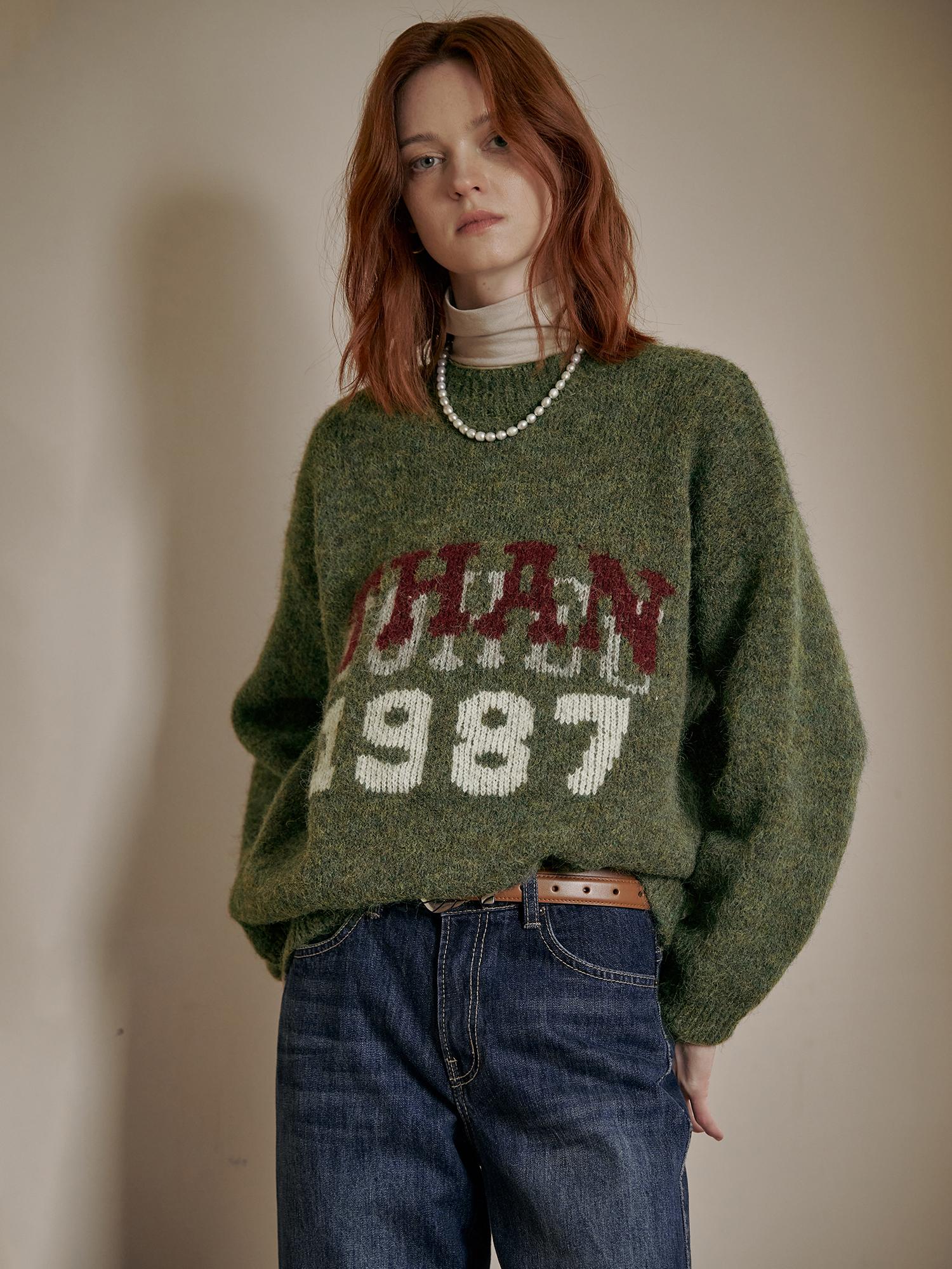 Maja Lettering Melange Wool Blend Loose Fit Round Neck Knit Charcoal/Free