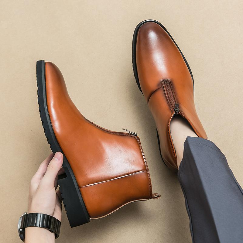 Fashion Brown Chelsea Boots Men Business Black Round Toe Zipper Slip-On Solid Men's Formal Boots  Size 38-46