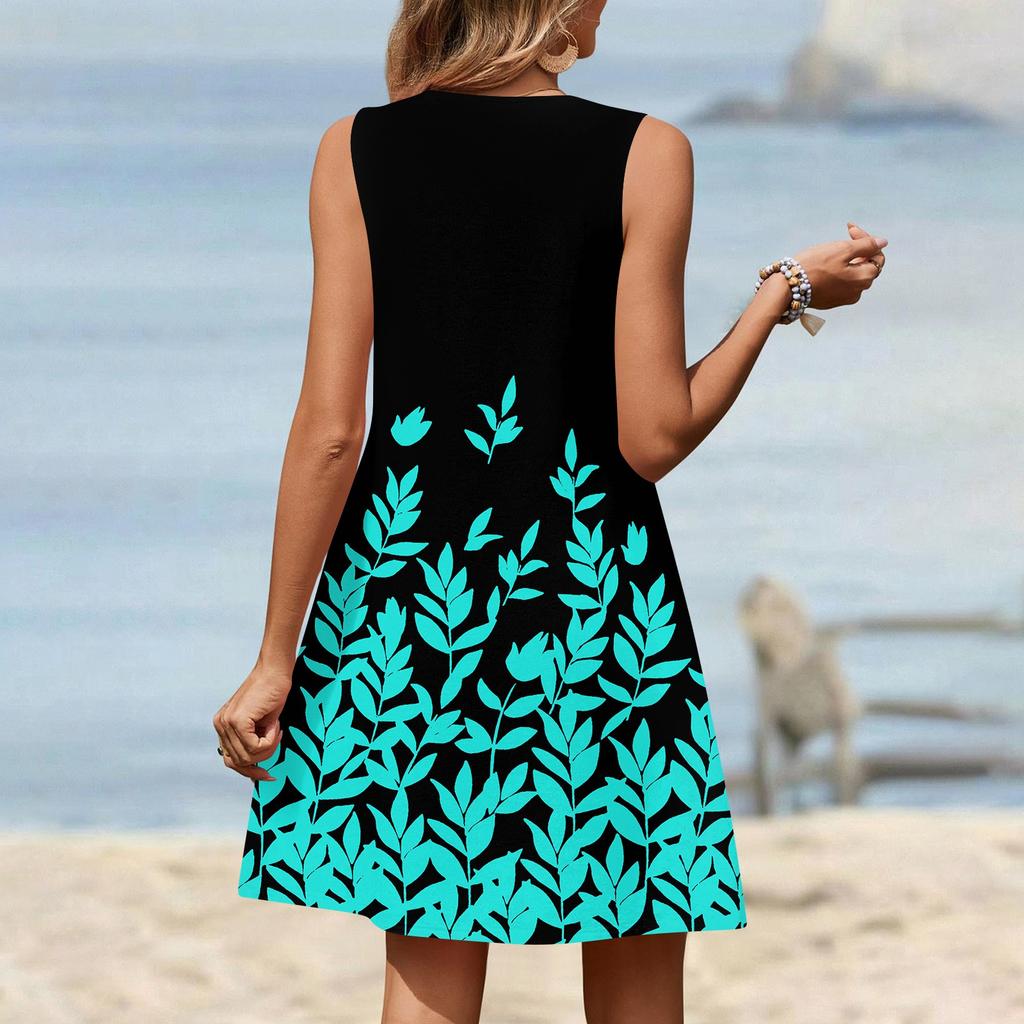 Women's Fashion Printed Summer Sleeveless V-neck Tank Top Pocket Casual Loose Dress