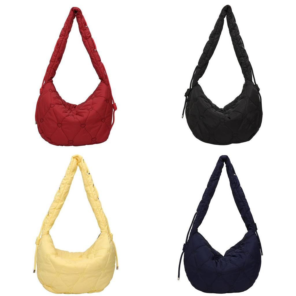 Unisex Cotton Padded Crossbody Bag Featuring Wrinkled Design And Large Capacity