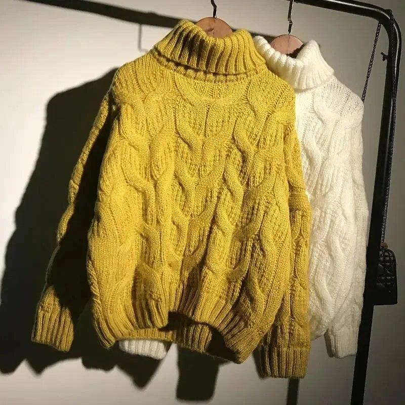 Turtleneck Sweater Thickened Loose Crochet Stripe Women Short Knit Pullover Warm  Pull Jumper Casual Commuting New Fashion Autumn Winter