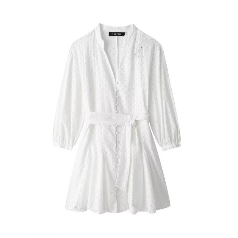 

European American Women s Clothing Summer White Hollow Embroidery High Waist Short Dress S білий