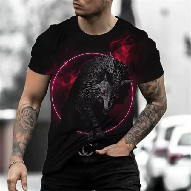 Summer Round Neck 3D Wolf Print Top Fashionable Casual Short Sleeved Men's T-shirts