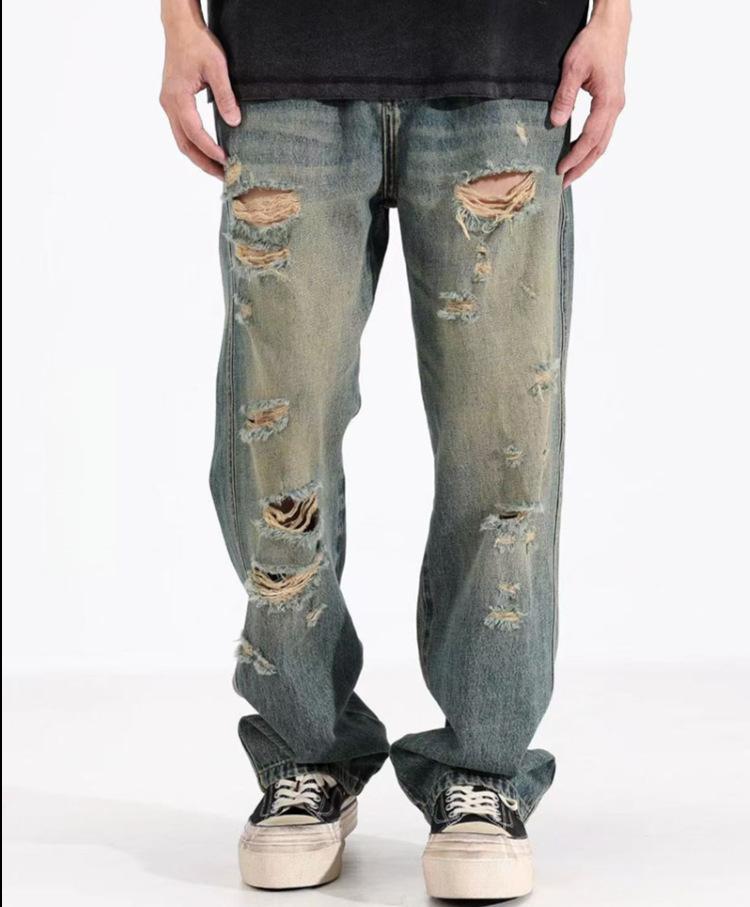 American summer ripped jeans men's new loose straight men's wide-leg jeans