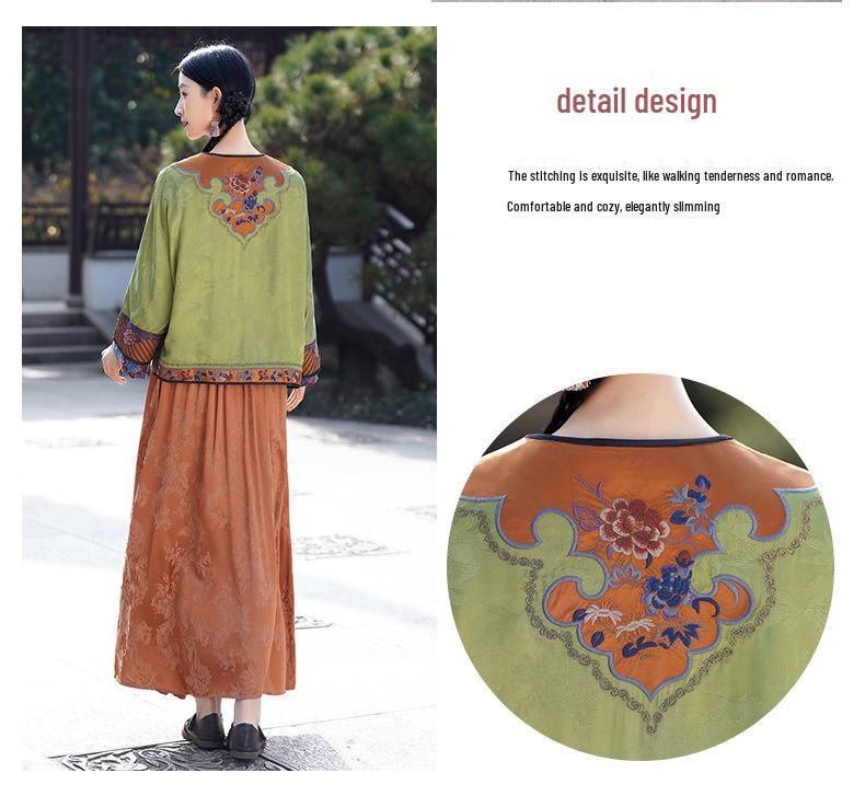 Premium Ethnic-Style Embroidered Satin Jacquard Coat with Frog Button