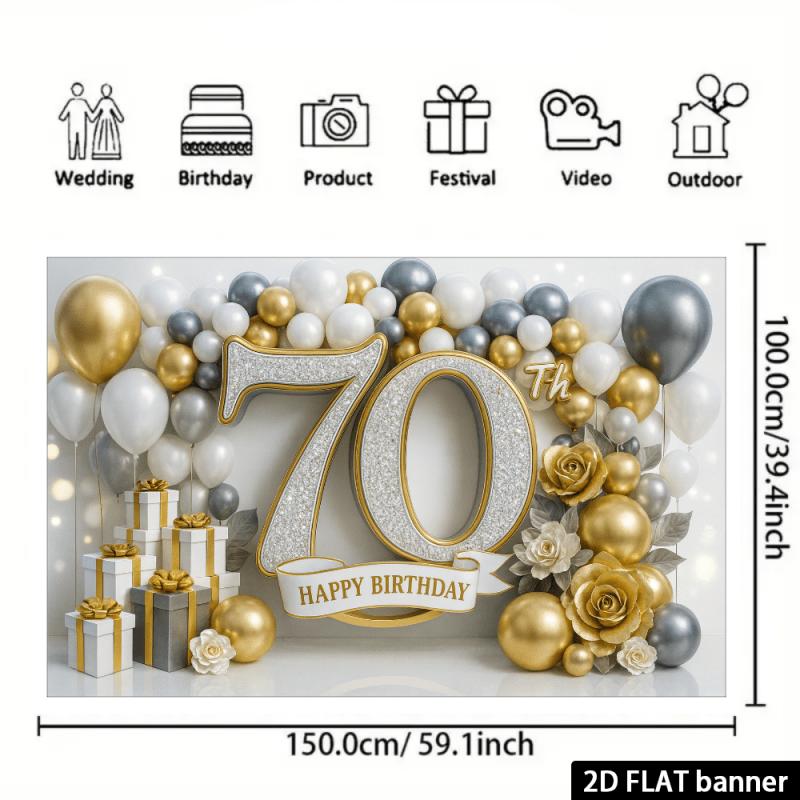 2D rovina 70. narozeniny luxusní pozadí dekorační látka se třpytivými diamanty, číslo „70“ + zlatá balónková dekorace