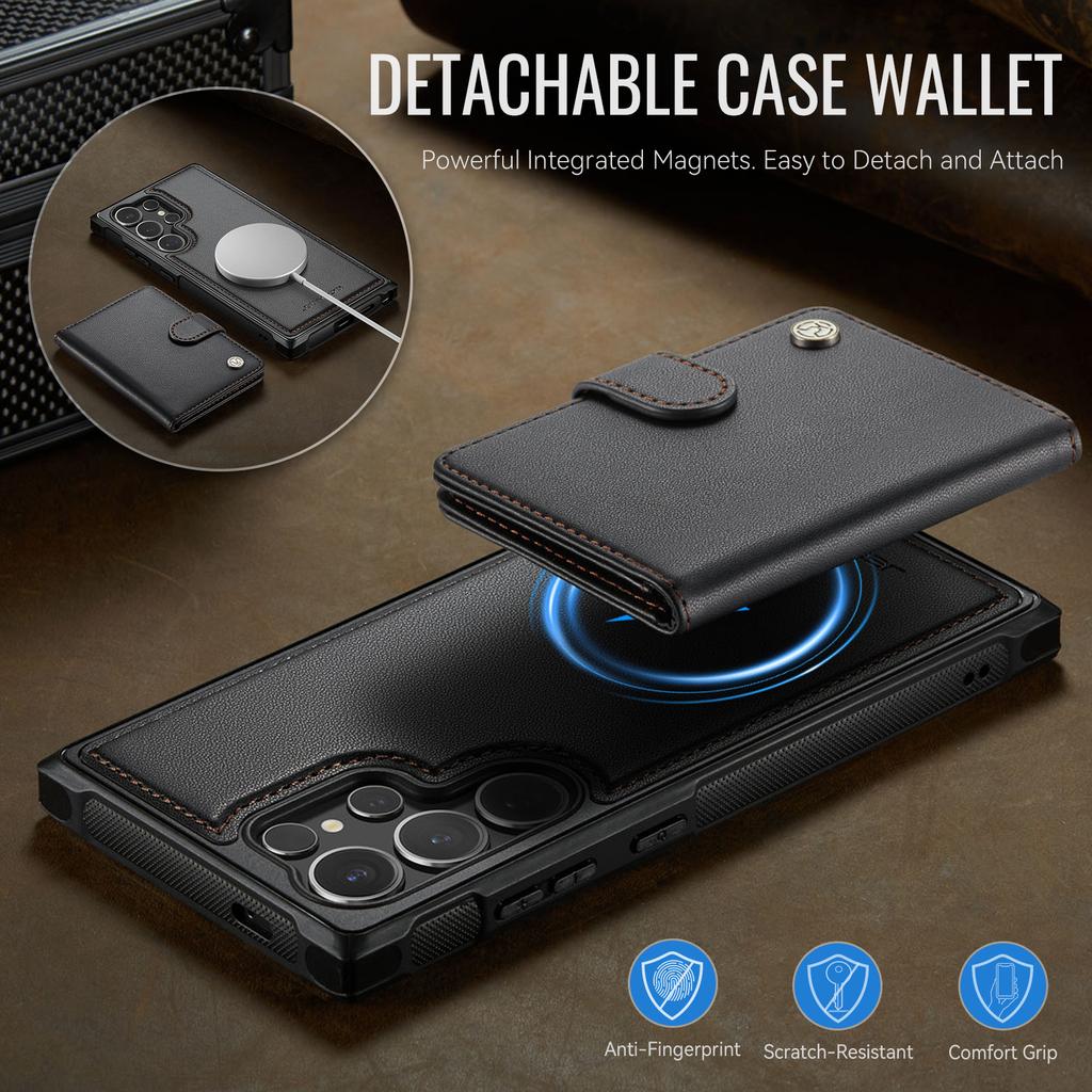 Cowhide Leather Phone Case for Samsung Galaxy S26 Ultra S25 Edge S24 Plus S23 FE S22 S21 S20 Note20 Detachable Magnetic Card Bag