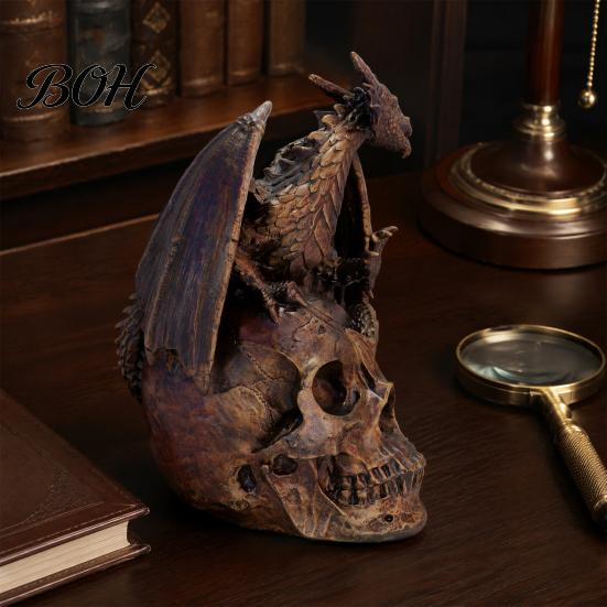 Modern Art Deco Decor Flying Dragon Skull Resin Statue, On Human Figurine, Unique Living Room Halloween Abstract Sculpture, Gothic Garden for