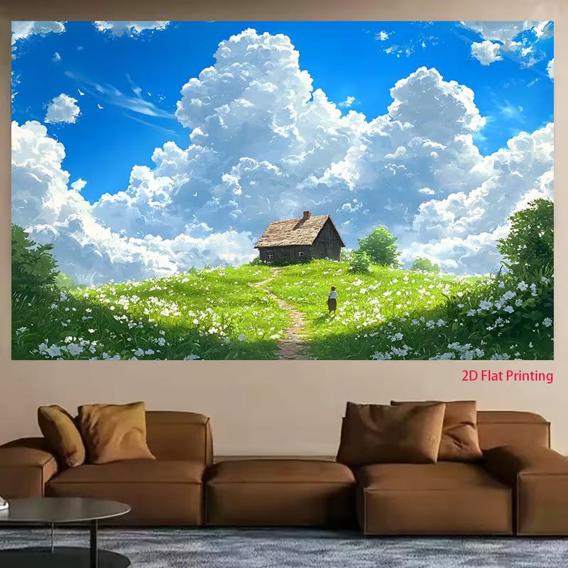 2D Rural Cottage Backdrop Green Flower Hill & Blue Sky Photography Background Cloth