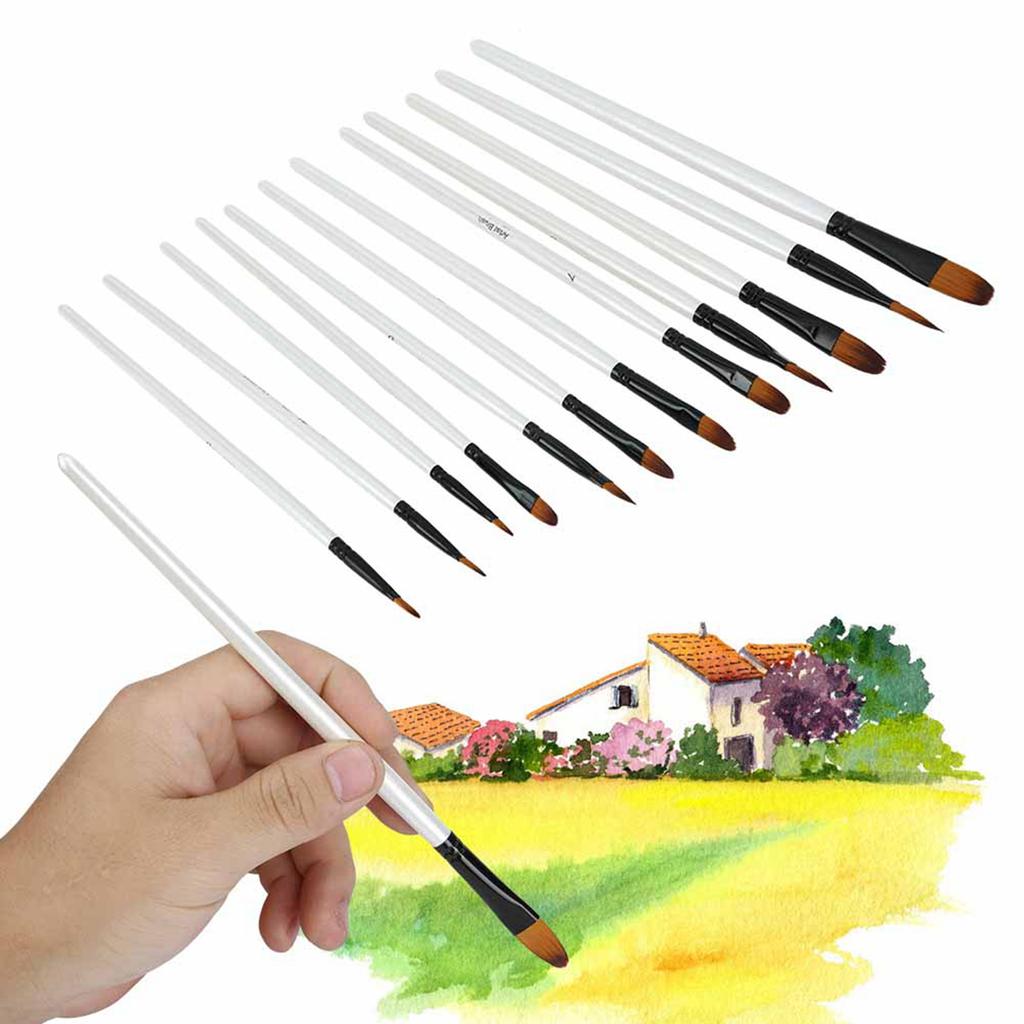 12 Pcs Painting Brush Set Pearl White Rod Watercolor Propene Drawing Tool(Filbert Tip)
