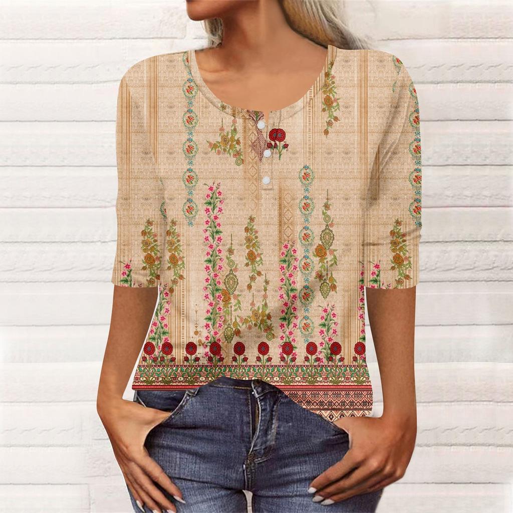 Women's Fashion Casual Long 3/4 Sleeve Flower Buttons Print U-Neck Pullover Top Blouse