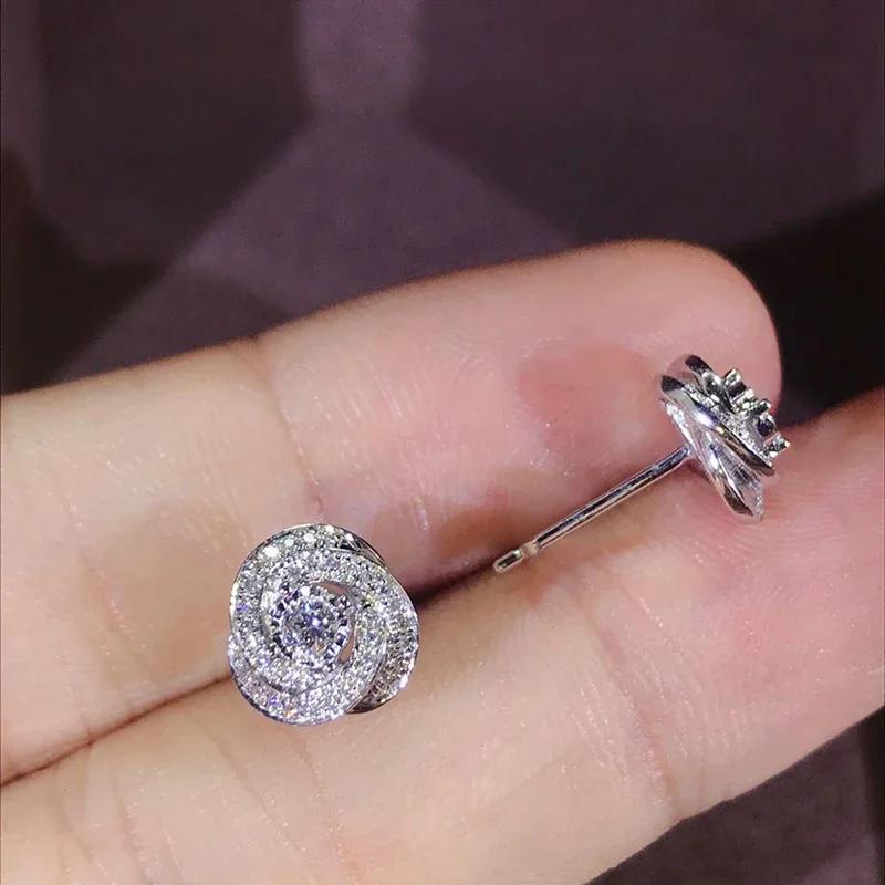 New Trendy Unique Rose Designed Stud Earrings for Women Shiny Cubic Zirconia Ear Accessories Aesthetic Wedding Jewelry