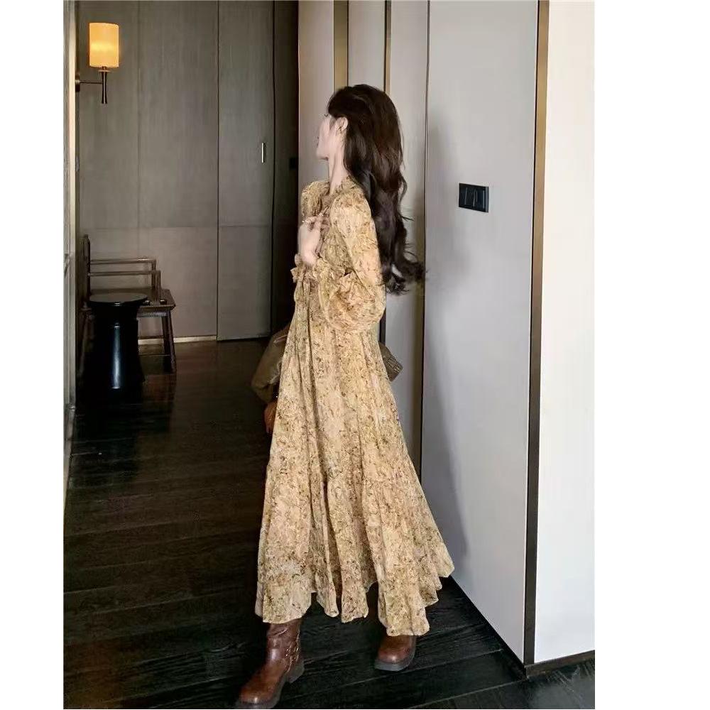 French retro fungus edge floral dress women's spring and autumn new Korean version temperament thin age-reducing dress