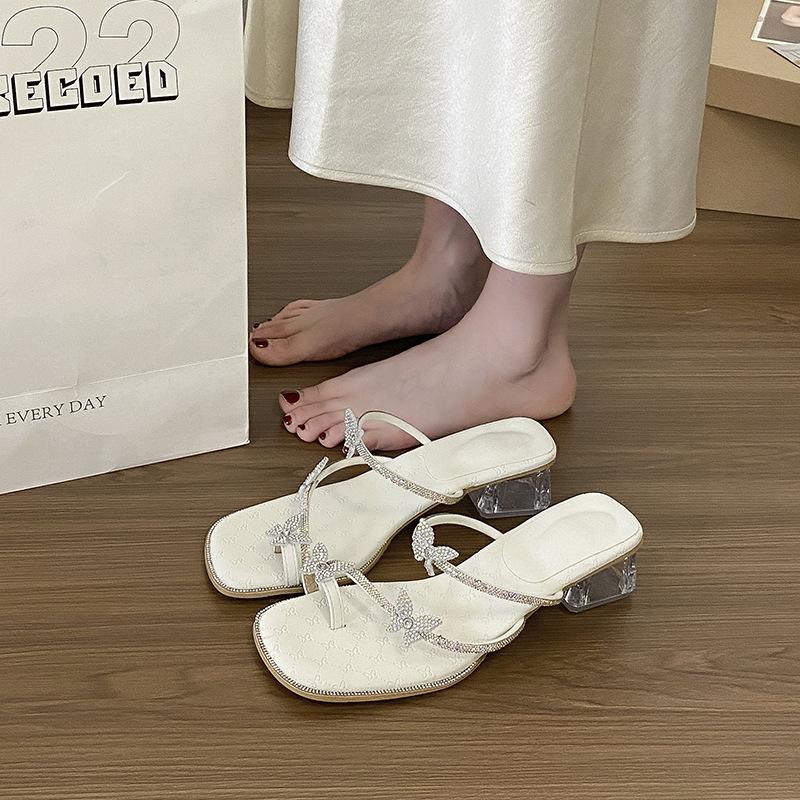 Casual Rhinestone Butterfly Sandals 2025 Summer New Fashionable Versatile Transparent Thick Heel Fairy Wind Cool Slippers