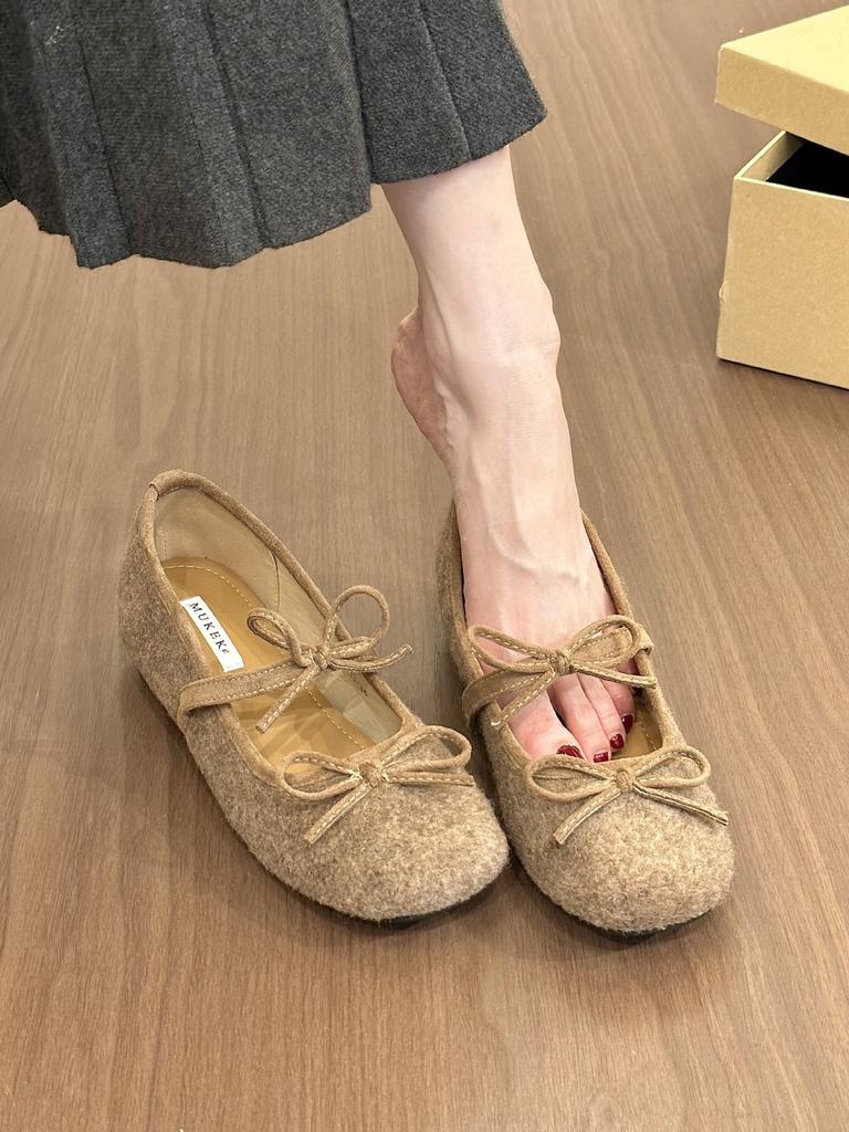 Gray's sweet girl retro woolen round head bow Mary Jane shoes women's autumn height-increasing short boots