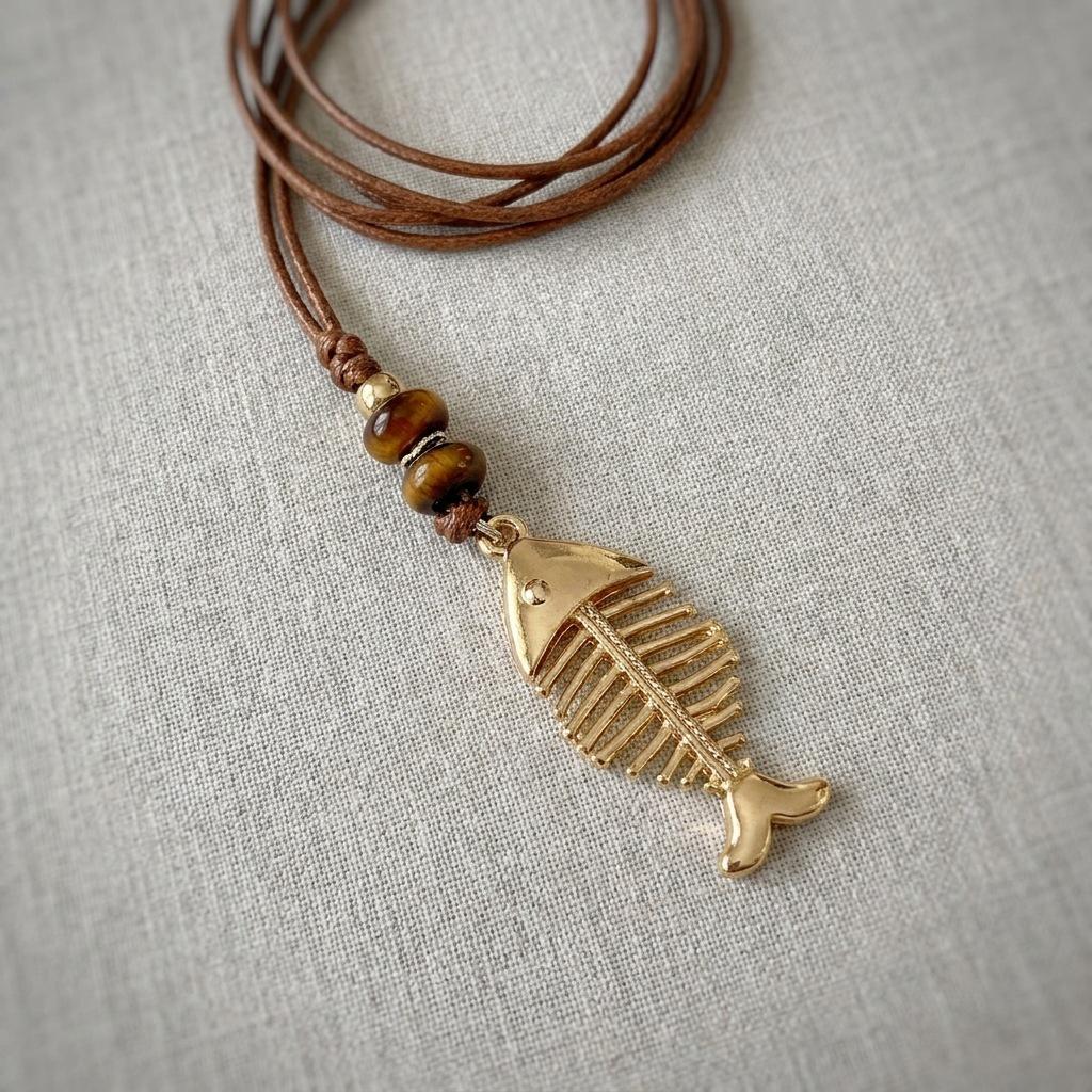autumn and winter new sweater chain, niche design black wax rope pull adjustment necklace, fish bone love safety buckle long chain